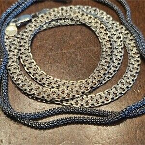 20" Unusual Sterling 925 2 Chains Textured Flattened Wound Curb Chain Made Italy